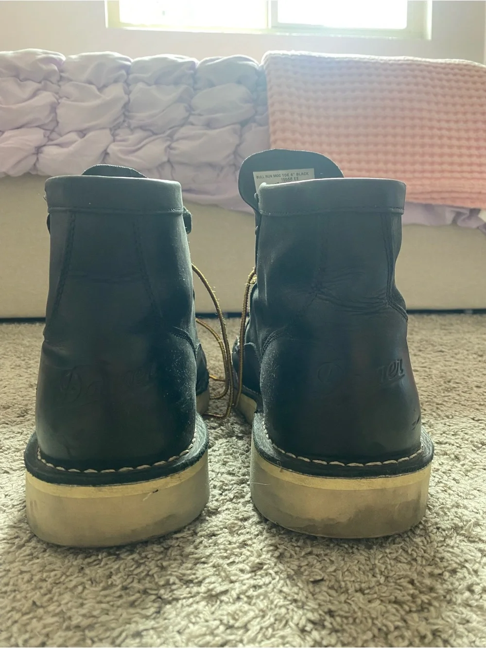 Danner Black Leather Moc Toe Boots with Yellow-Orange Laces